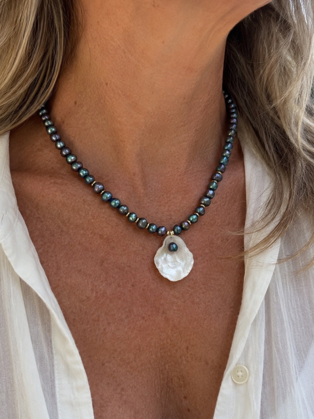 Peacock Pearl Necklace Mother of Pearl Shell Pendant Handmade Gold filled